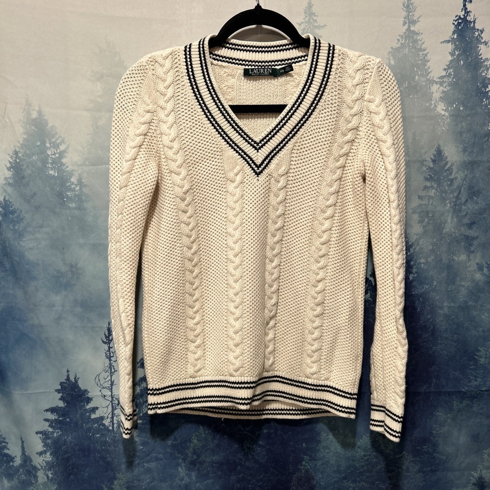 Lauren Ralph Lauren Cricket Sweater Womens Sz XS White Blue Cable Knit V Neck